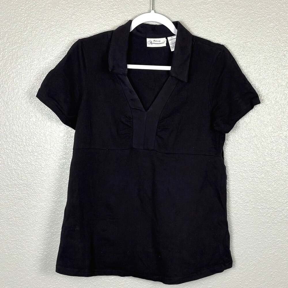 Maternity Announcements Size M 8/10 Black V-neck Collared Short Sleeve Blouse